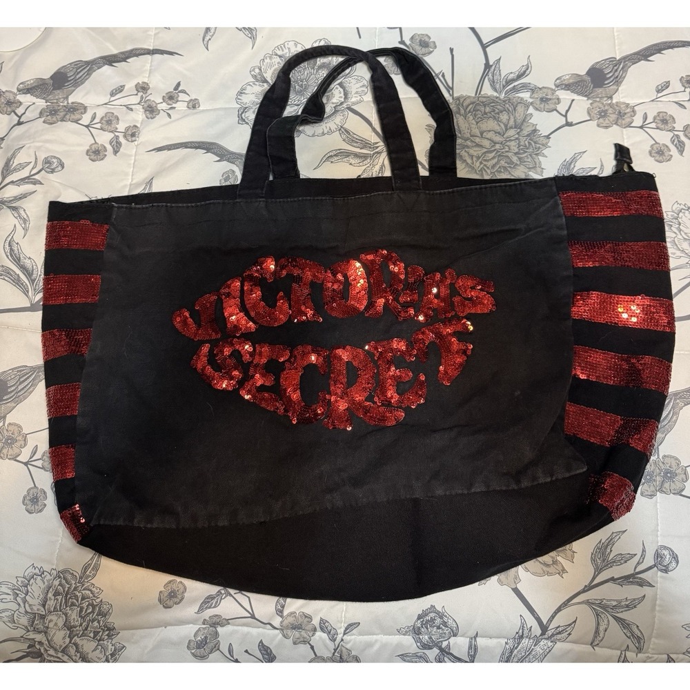 Victoria's Secret Red Black Sequin Tote Bag Lips Stripes Handles Zip Closure